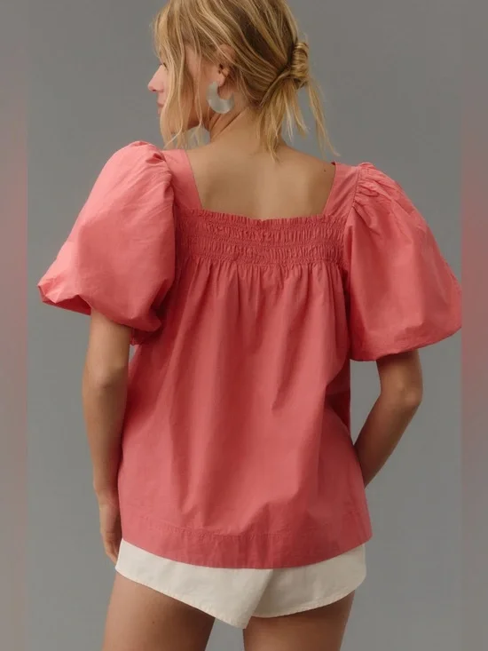 Anthropologie Maeve Coral Pink Puff-Sleeve Smocked Blouse Size Medium - Picture 2 of 8